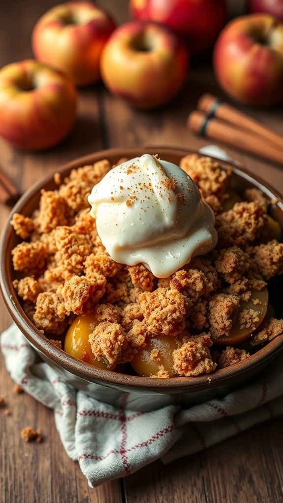 A delicious apple crumble with golden topping and a scoop of vanilla ice cream on a rustic table.